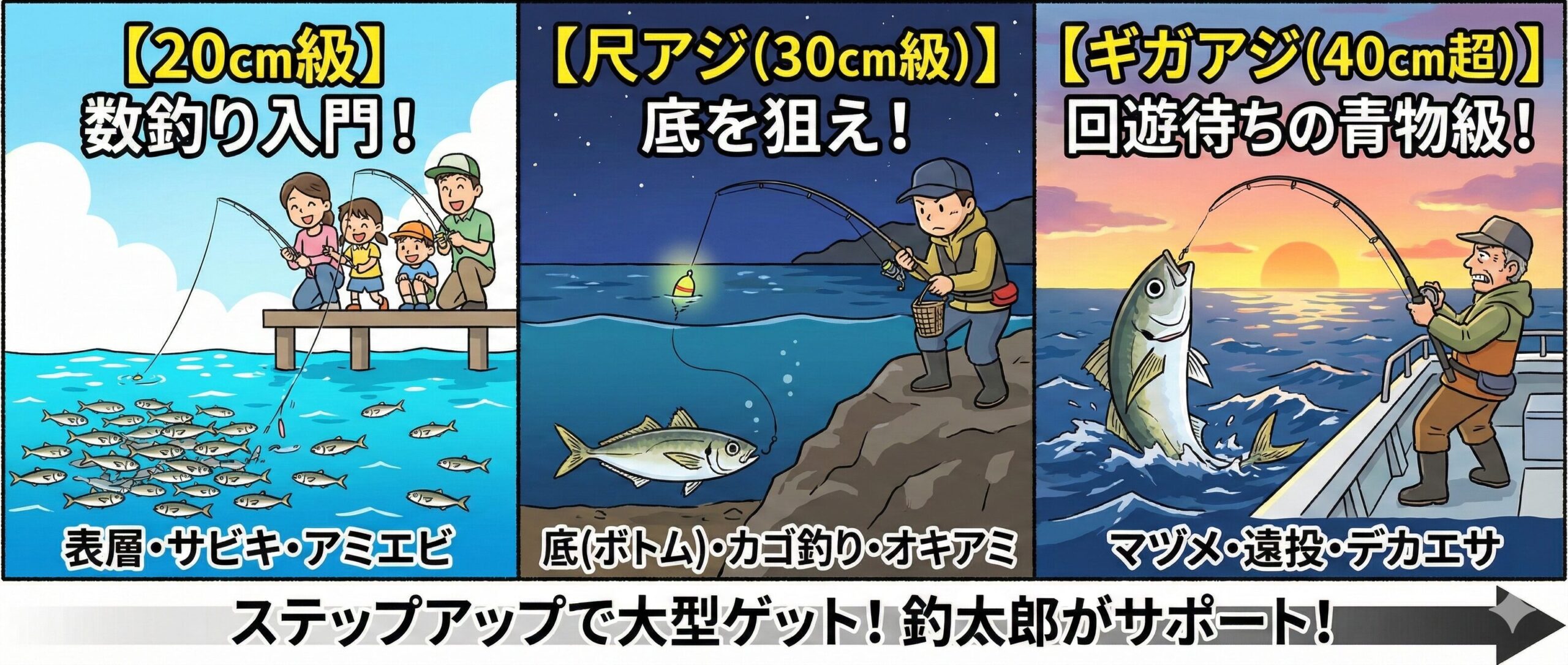 尺アジ以上の大物を狙うなら、タナを変える: 基本は底ベタ。エサを変える: アミエビだけでなく、オキアミを針に付けて、大きなエサでアピール。時間を変える:釣太郎