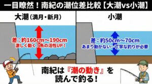 南紀の釣りは、潮位差約180cmのダイナミズムの中にあります。釣太郎