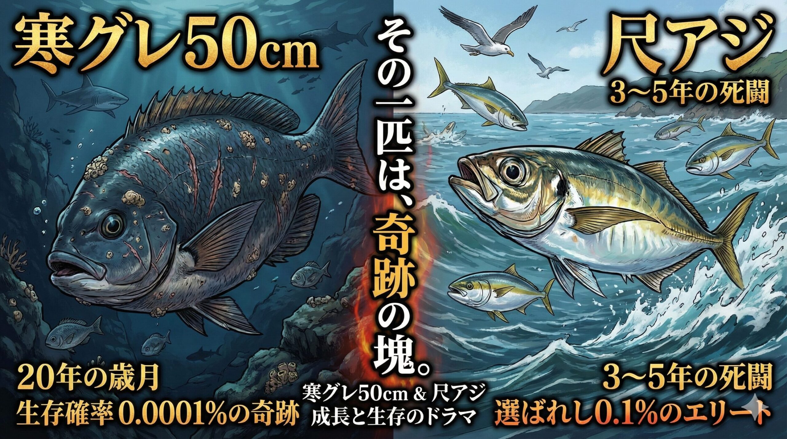 寒グレ50cmは、約20年生き抜いた確率0.0001%の奇跡。尺アジは、捕食の嵐を3年以上くぐり抜けた0.1%のエリート。釣太郎