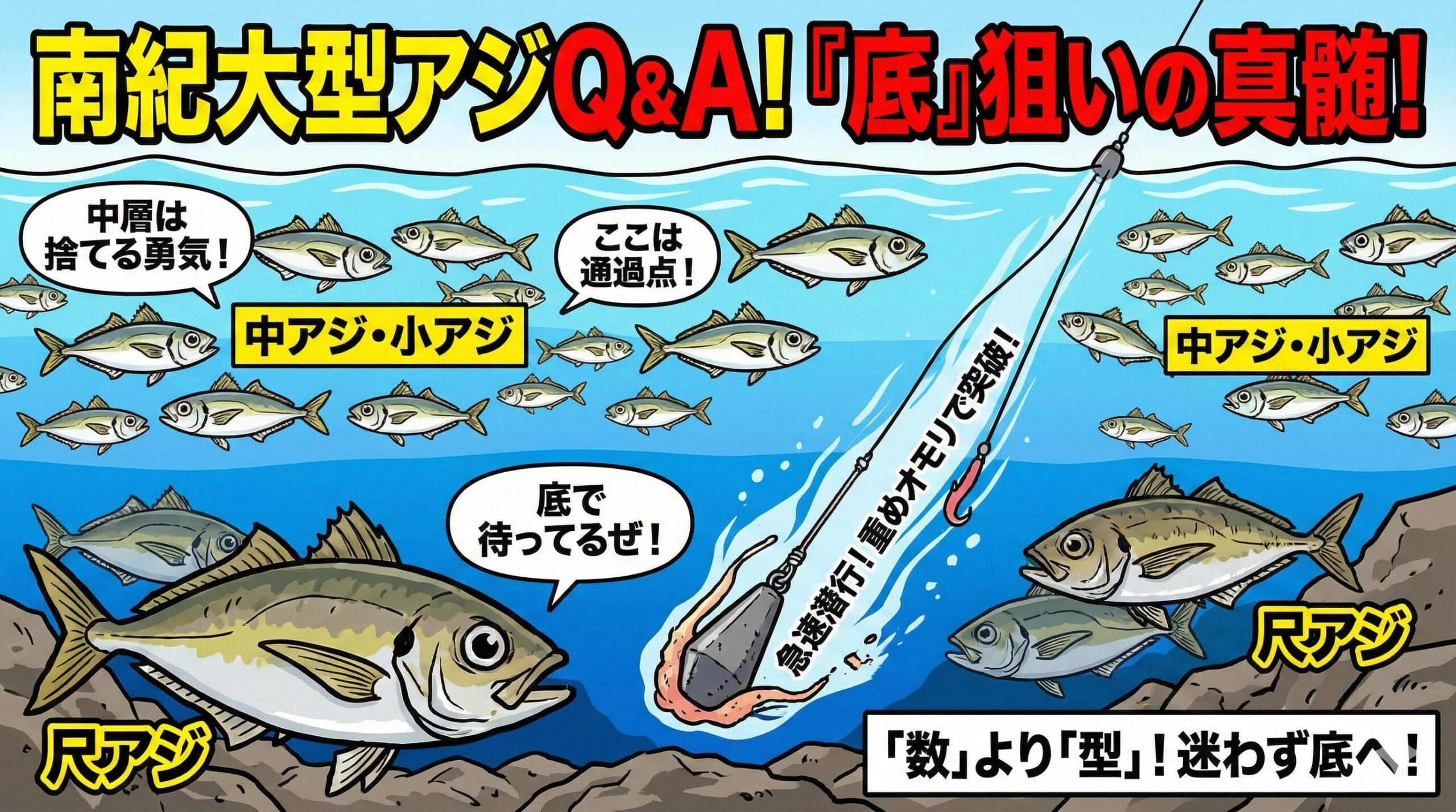 尺アジは海底狙いが鉄則。しかし底を釣っても中アジは釣れる。ただし数は減り、サイズが上がる。それが南紀大型アジ釣りの本質。釣太郎