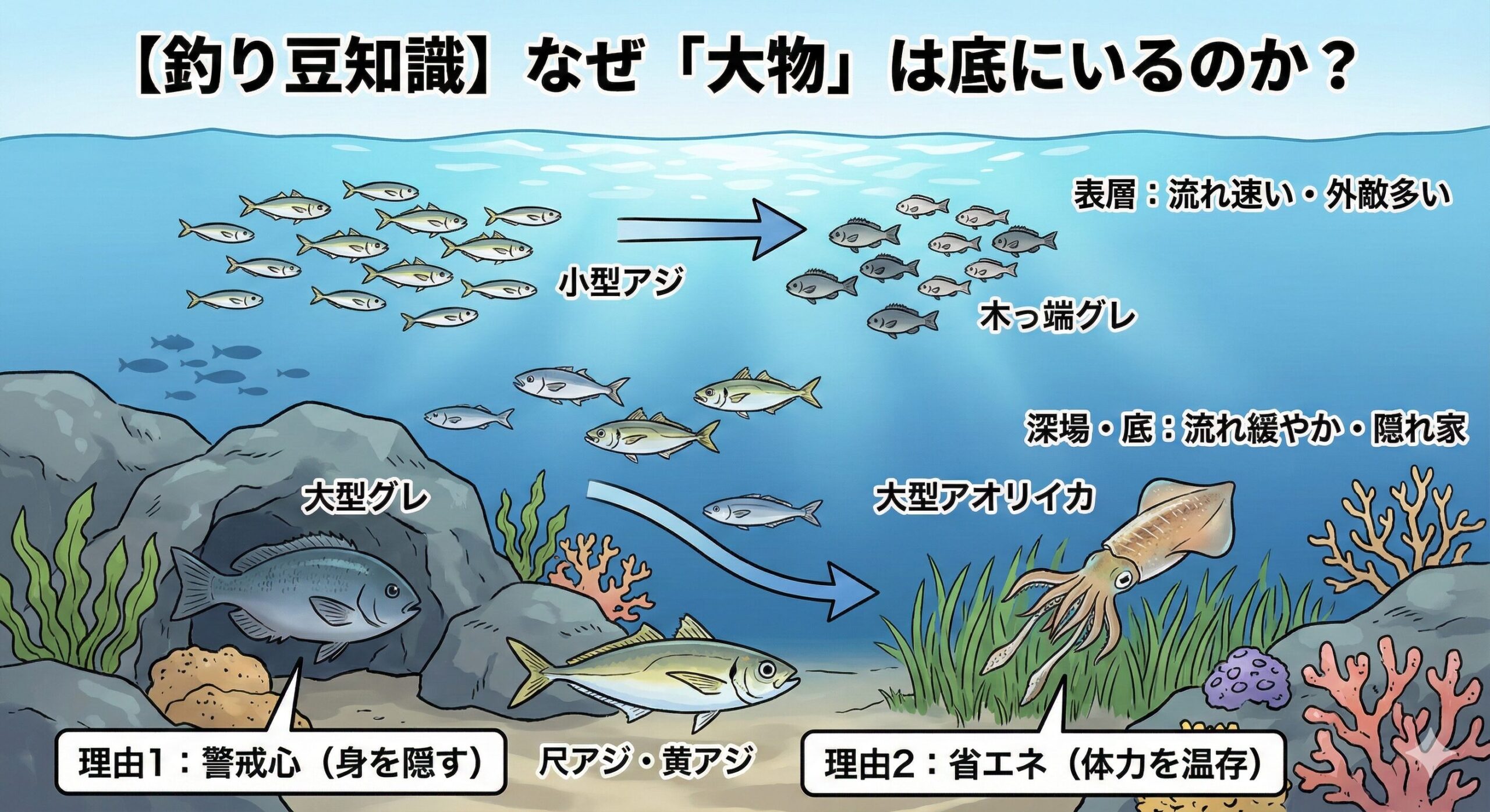 「大きい魚は底にいる」。 これは単なる経験則ではなく、魚が生き残るための知恵と戦略です。釣太郎