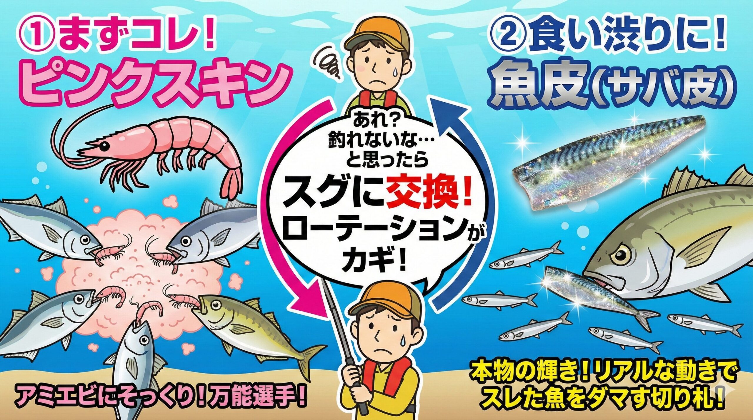サビキ釣りの基本、スキンはピンクスキン（アミエビパターンの王道）リアル魚皮（小魚パターン・食い渋り対策）釣太郎