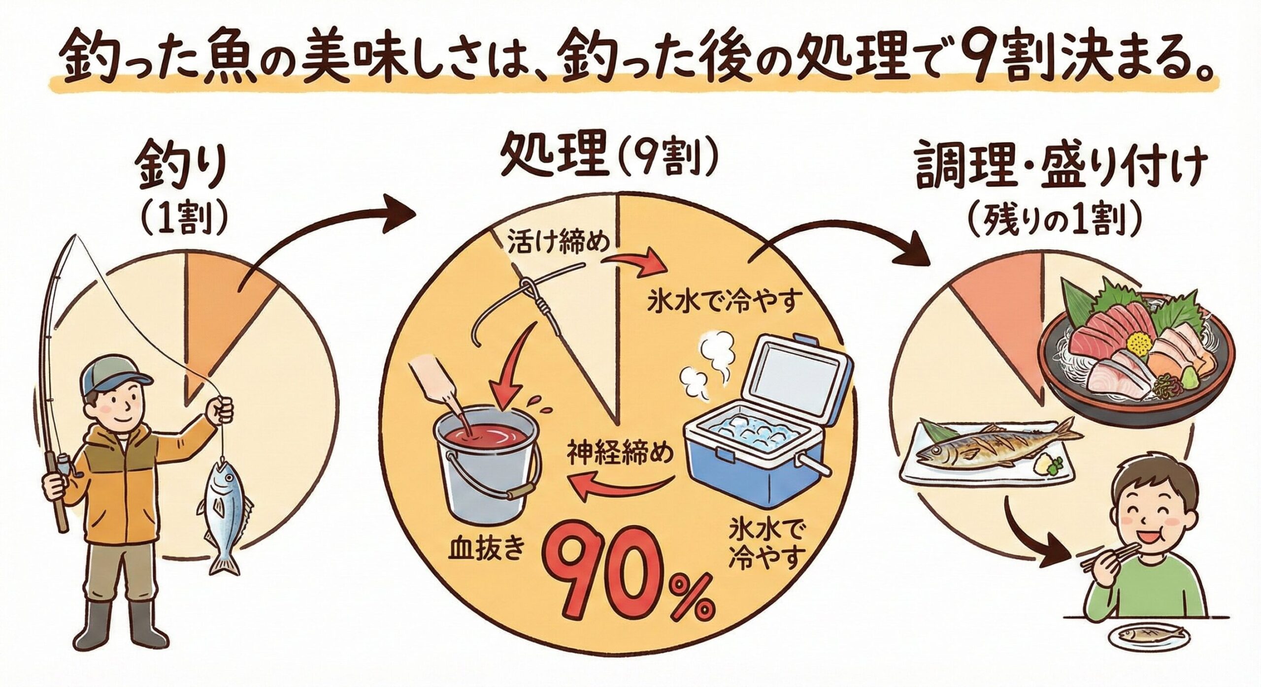 魚の味の当たり外れは、生息環境（10%）や調理（5%）より、釣った後の処理（65-85%）が支配的。釣太郎