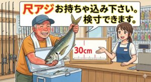 大型アジ釣ったらお持ち込み下さい。検寸できます。釣太郎
