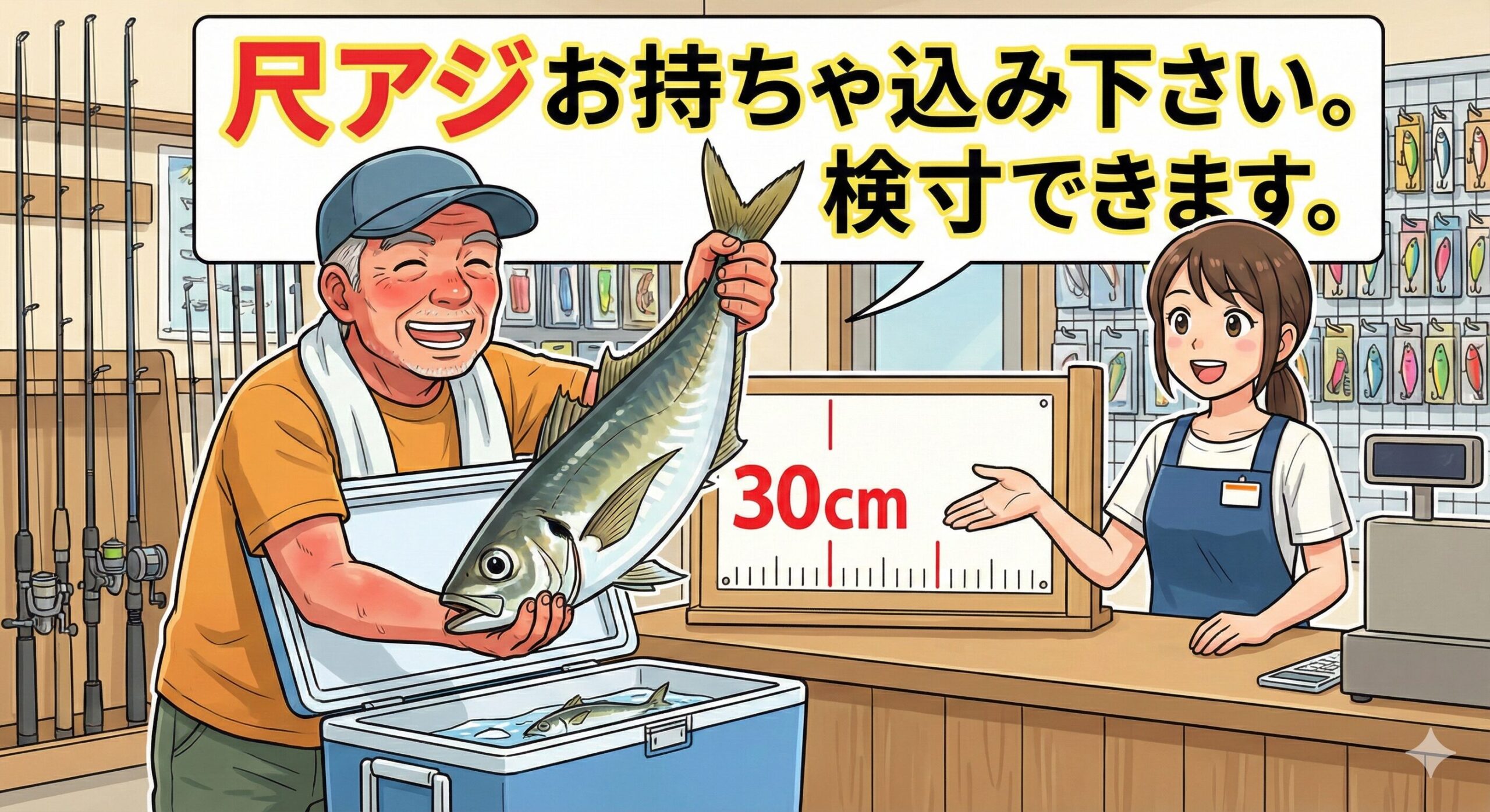 大型アジ釣ったらお持ち込み下さい。検寸できます。釣太郎