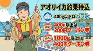 アオリイカ、スモールでもバラ氷サービス有ります。お持ち込み下さい。釣太郎