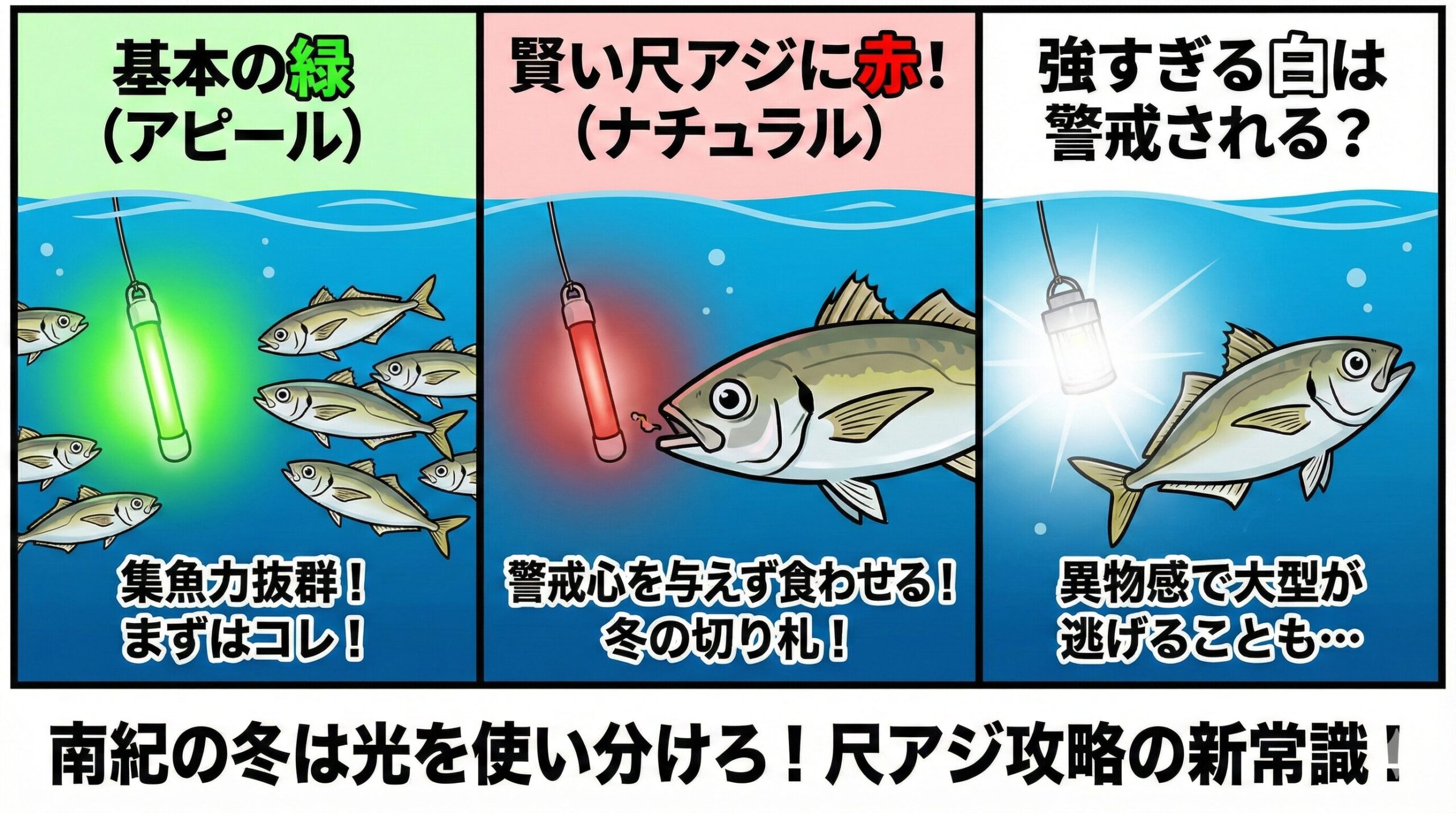 尺アジ釣りにおいて、光は武器にもなれば、邪魔にもなります。 基本は緑： アピール重視。警戒心対策は赤： ナチュラル重視。強すぎる光は避ける： 特に針周りはシンプルに。釣太郎