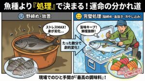 魚の美味しい差を変える「魚種」を変えることは運次第ですが、「処理」はあなたの技術次第で100%コントロールできます。釣太郎