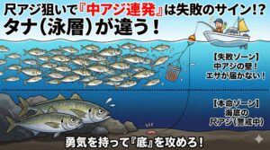 尺アジ狙いの釣りにおいて、中アジの連発は「タナが浮いている」「エサが届いていない」という危険信号。釣太郎