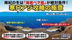 寒尺アジへの招待状は「底」にある。冬のアジは水温が安定した底に溜まる。大型ほど動かないため、エサを鼻先（ベタ底）に届ける必要がある。釣太郎