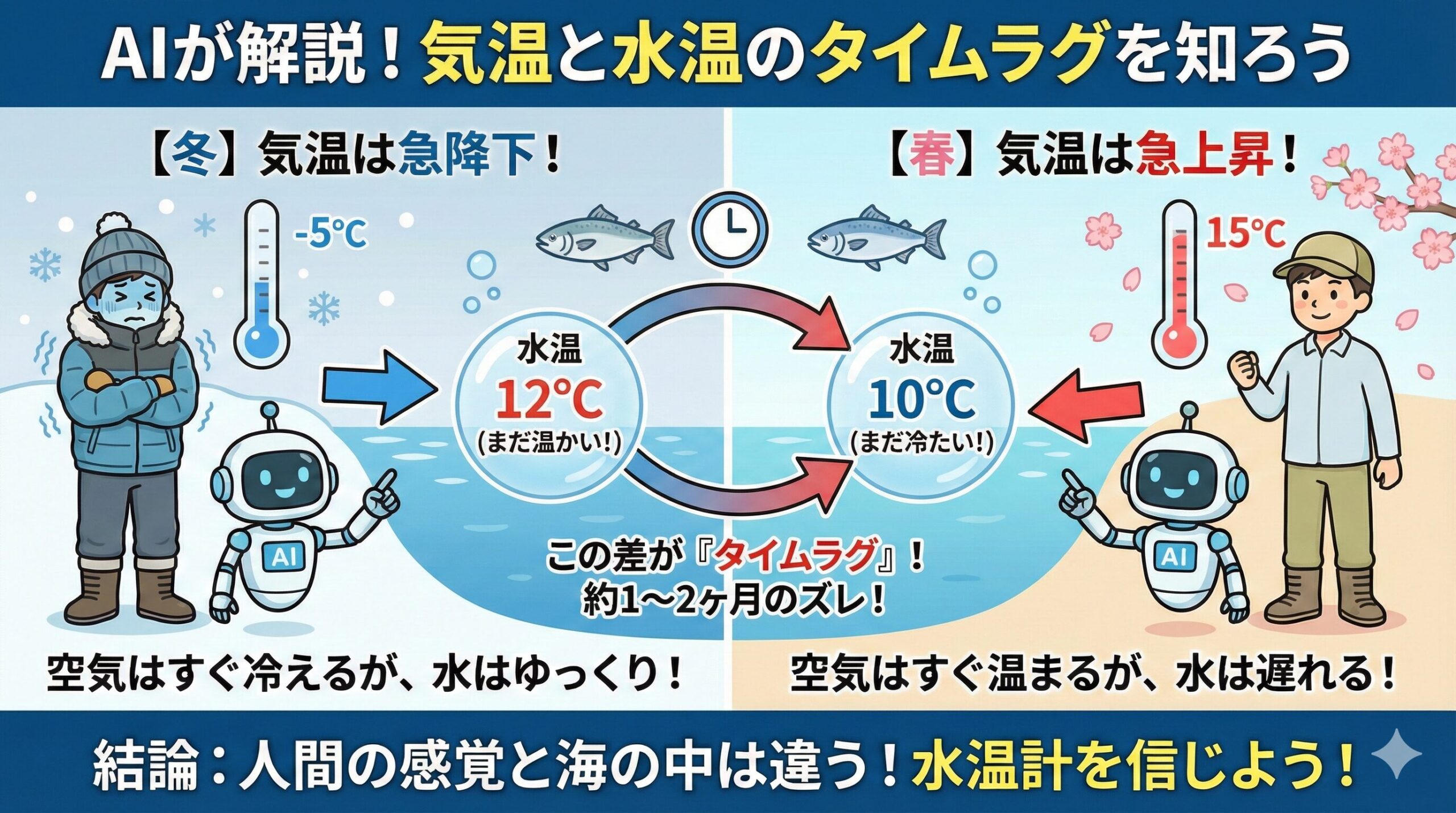 気温の変化は「新幹線」、水温の変化は「鈍行列車」。このスピードの違い（タイムラグ）を理解していれば、急な冷え込みが理解できます。釣太郎