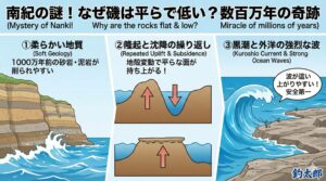南紀の地磯が平らなのは、柔らかい地質、大地の隆起、黒潮の猛烈な波。この3つが数百万年かけて作り出した芸術作品.釣太郎