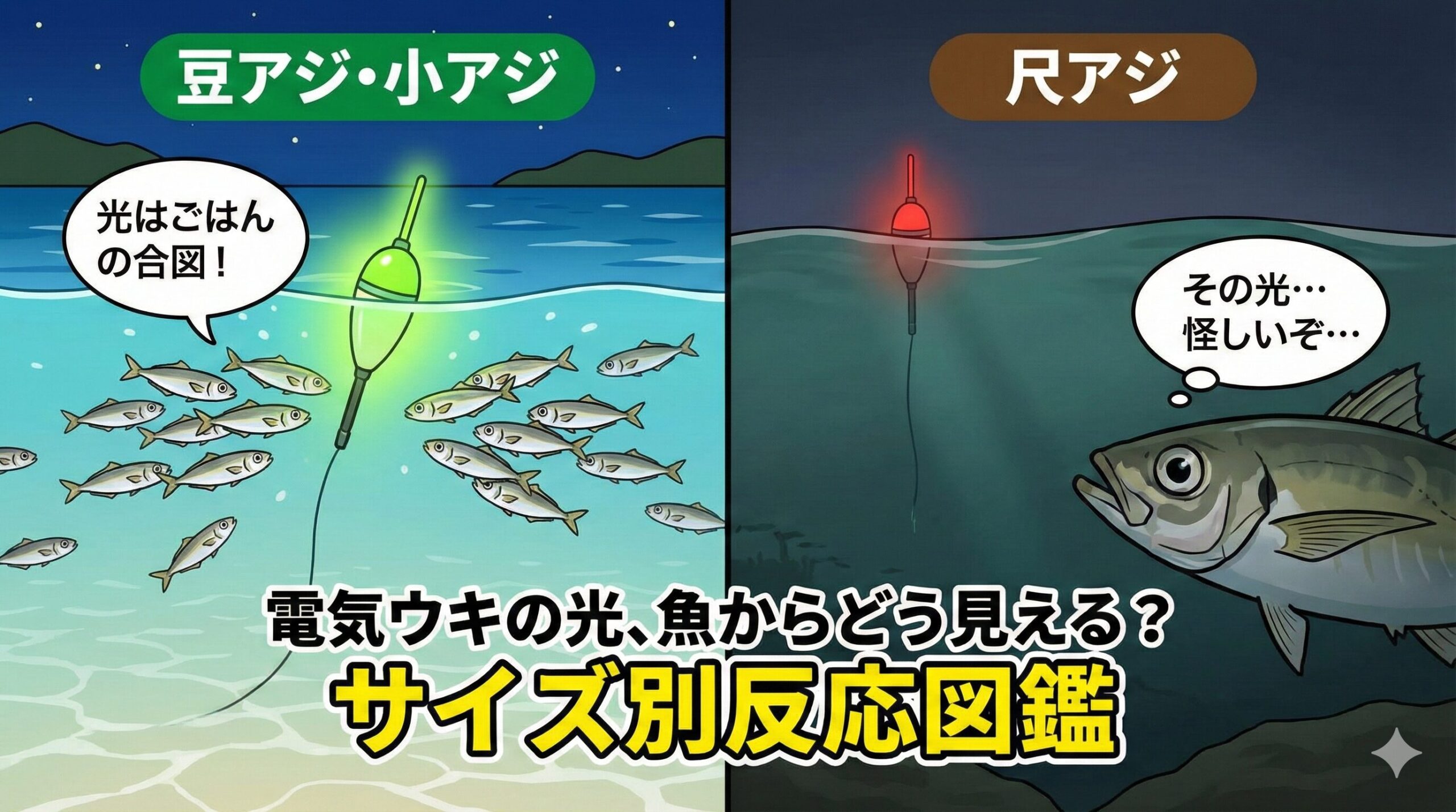 電気ウキの光は、確かに海中の尺アジから見えています。釣太郎