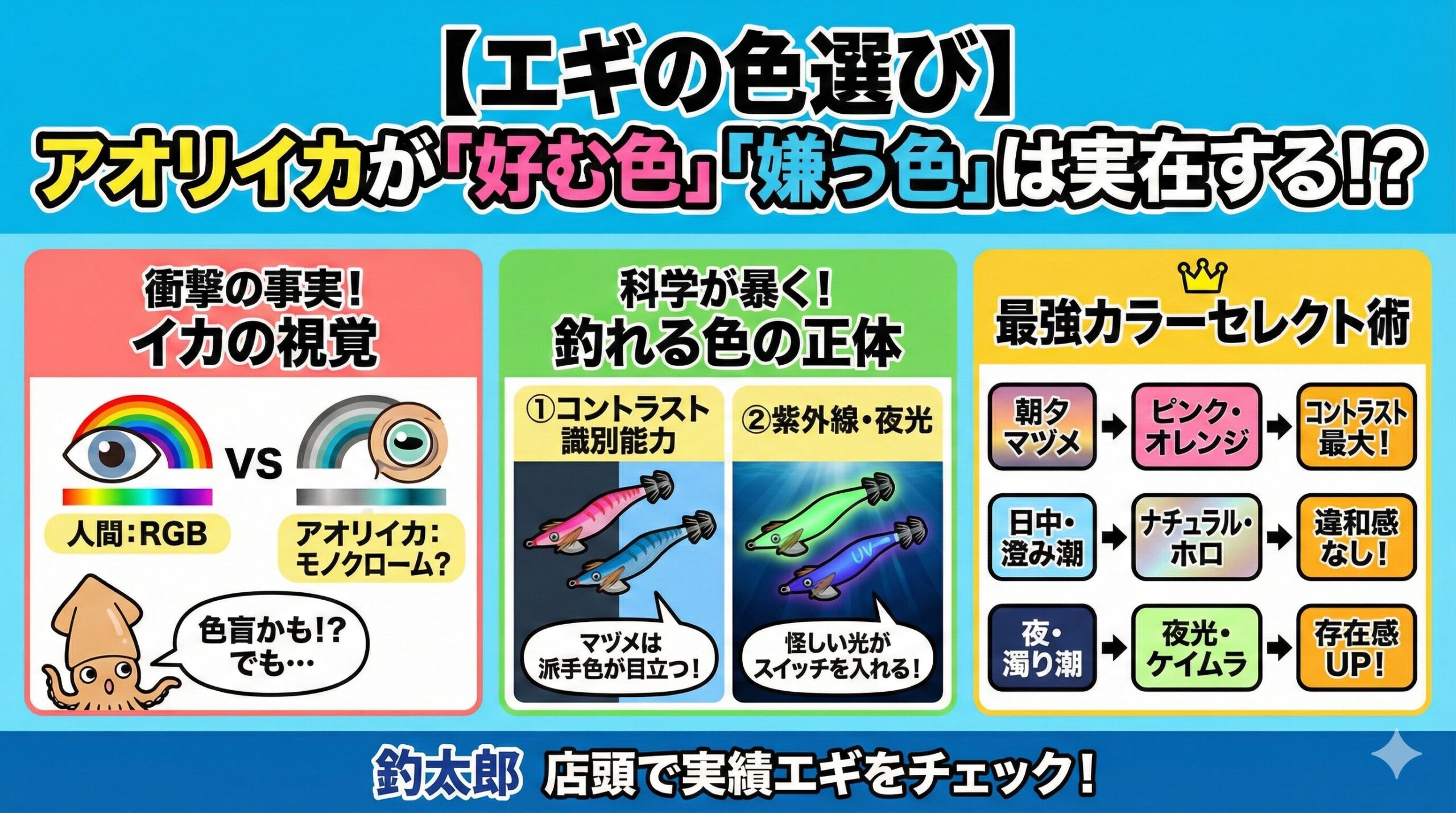 アオリイカ釣り、朝夕マヅメ・曇天・ローライト時【鉄板カラー：ピンク、オレンジ、赤テープ】光量が少ない状況では、これらの派手な色は水中で背景とのコントラストが最大になります。釣太郎