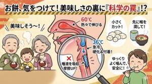 お餅が詰まるのは、単なる不注意だけではなく、「温度による硬化」「強い粘着性」「唾液の吸収」という物質的な特性によるもの。釣太郎