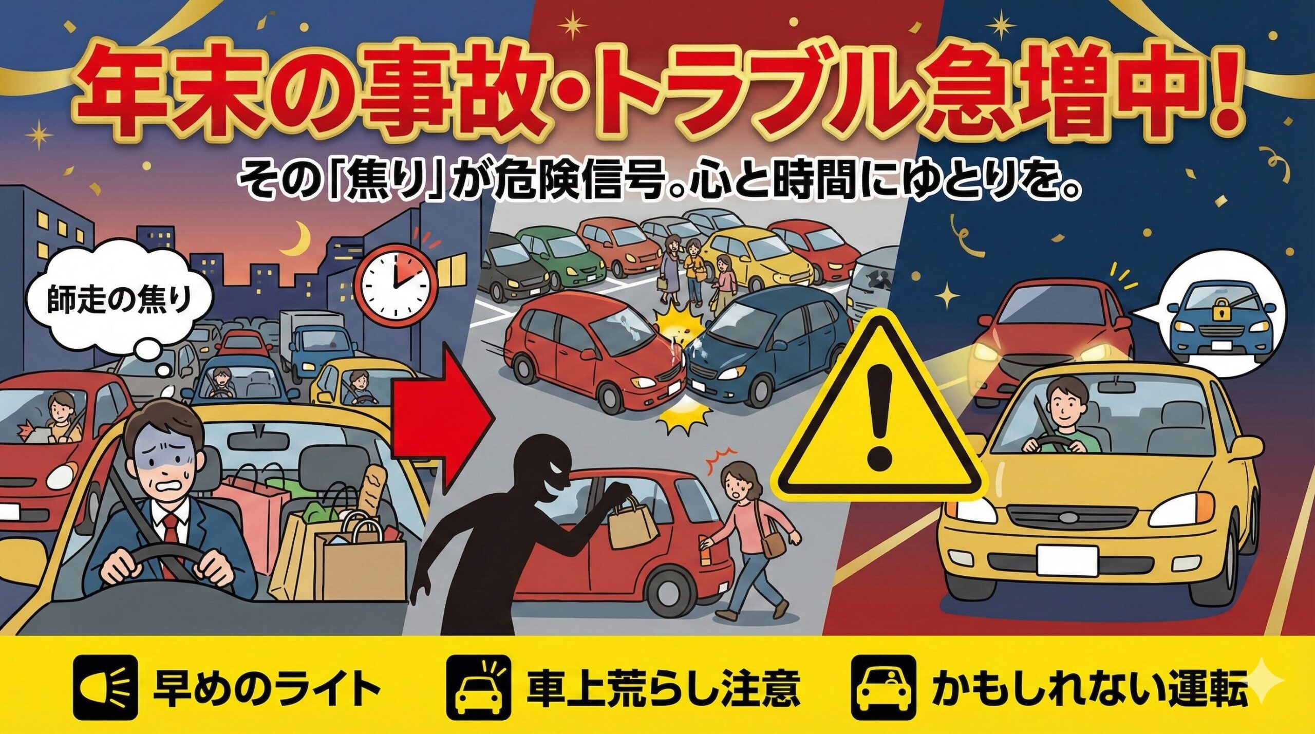 年末の事故やトラブルは、ほんの少しの心の緩みや焦りから生まれます。 「一年間頑張った自分へのご褒美」が、悲しい出来事に変わらないように。釣太郎