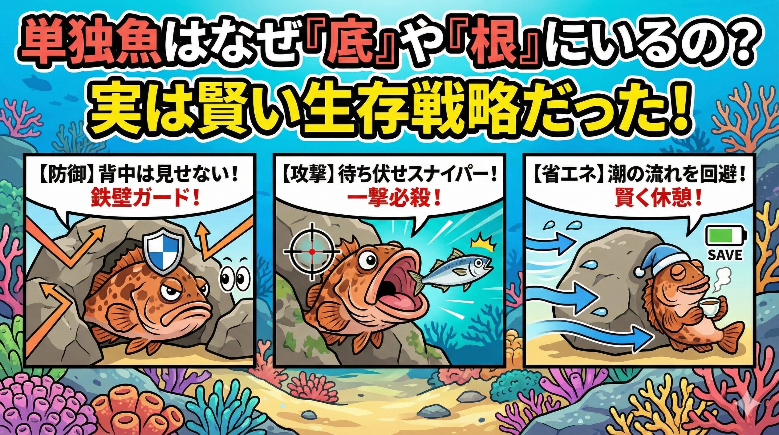 単独魚が底や根にいるのは、臆病だからではなく「背後の安全を確保し、体力を温存しながら、確実に獲物を仕留める為」釣太郎