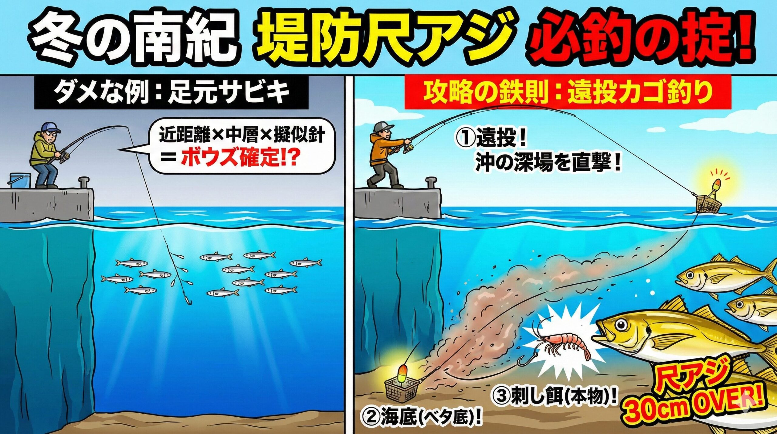 冬の南紀で尺アジ釣り、足元は捨てる: 沖の深場へ遠投する。 中層は捨てる: 徹底的に底を狙う。擬似針は捨てる: 必ずオキアミを針に刺す。釣太郎