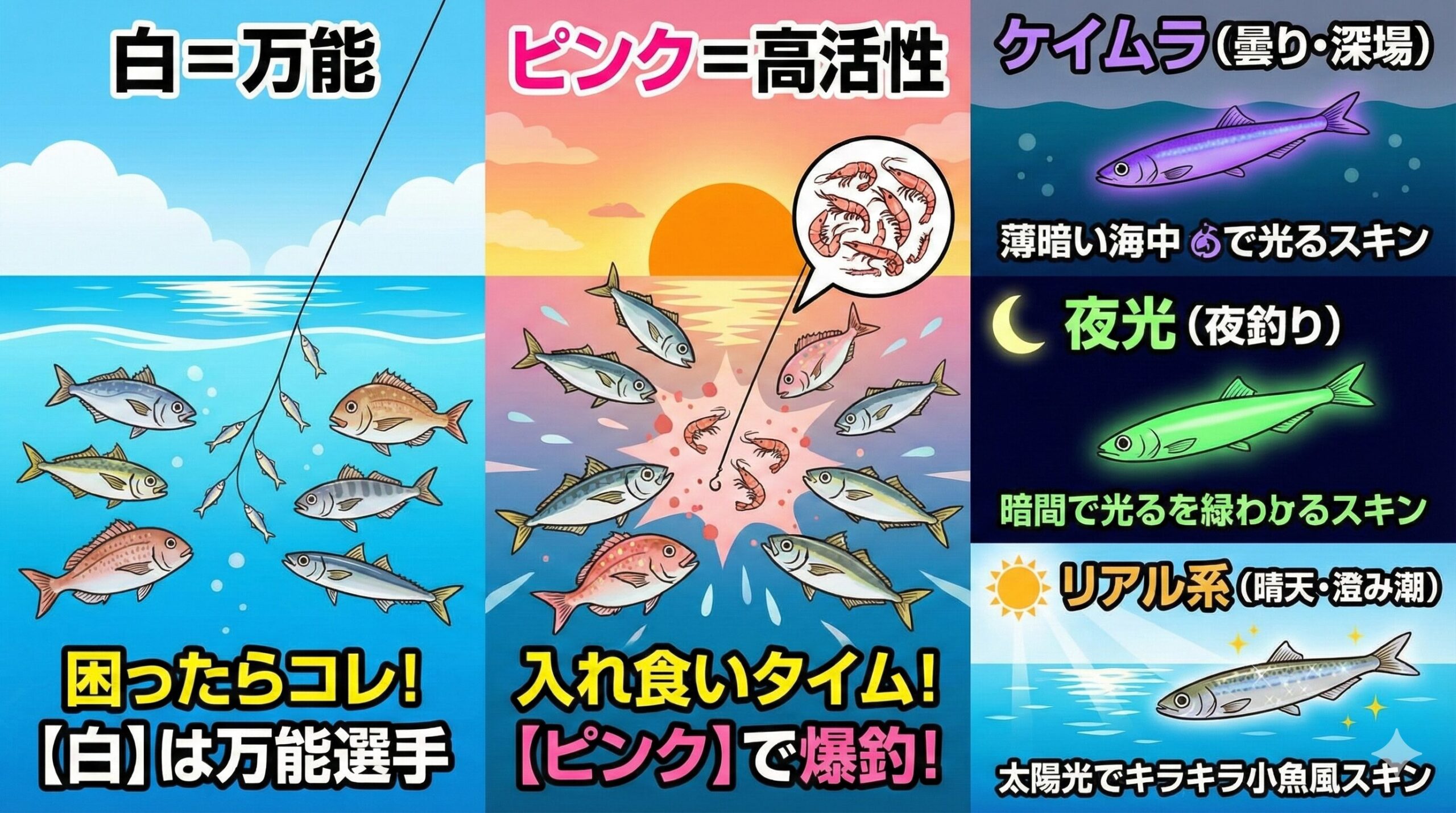 サビキ釣りのスキン、白スキン（まずはこれで様子見！万能選手）。ピンクスキン（マズメ時の爆釣タイム用）。 魚皮 or リアル系（日中、釣れなくなった時の助け舟）釣太郎
