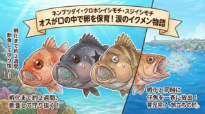 アカジャコと呼ばれるネンブツダイ・クロホシイシモチ・スジイシモチは、オスが卵を口の中で守る卵口内保育魚。釣太郎