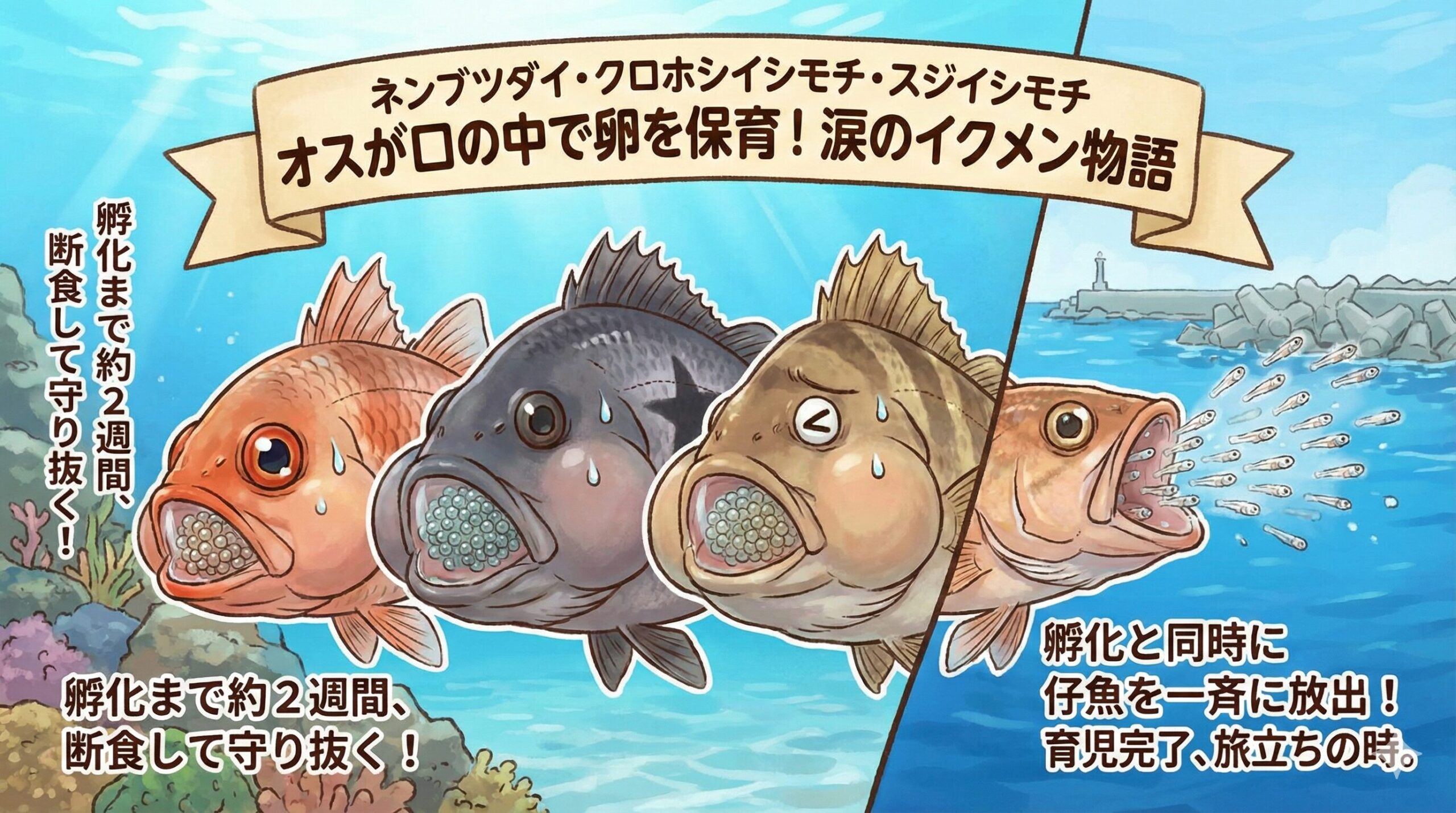 アカジャコと呼ばれるネンブツダイ・クロホシイシモチ・スジイシモチは、オスが卵を口の中で守る卵口内保育魚。釣太郎