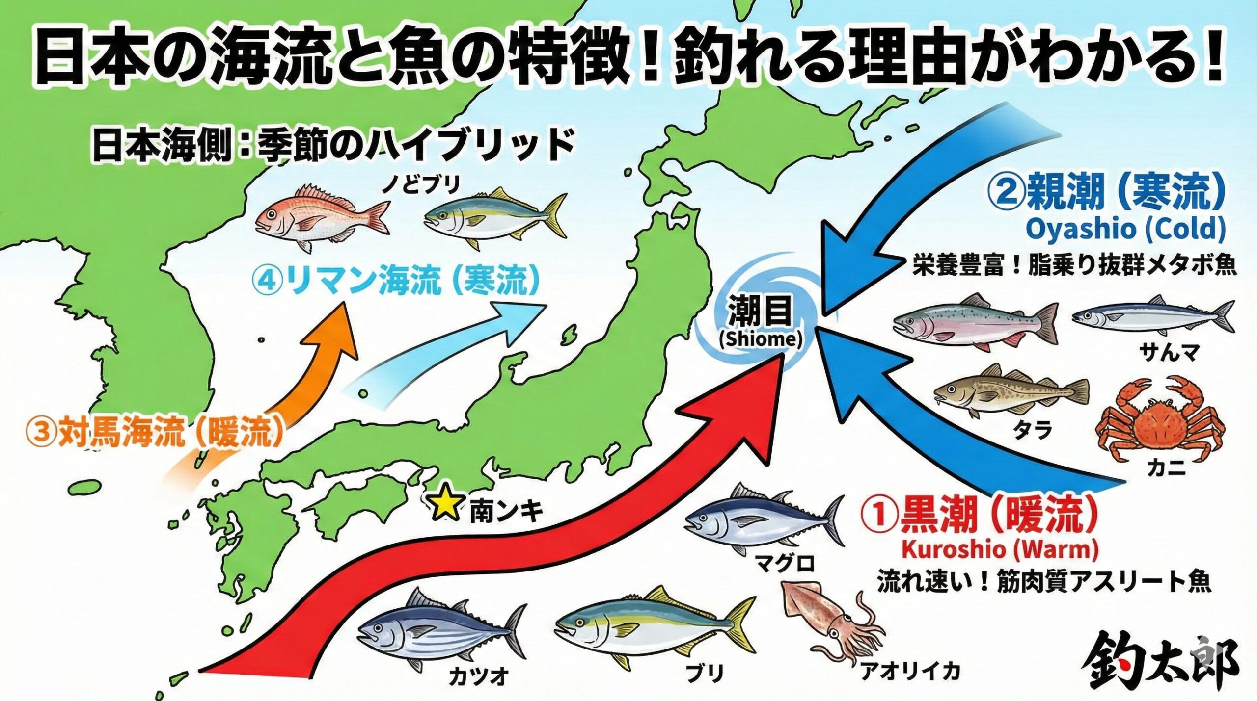 南紀の釣り人は「黒潮」に感謝。黒潮は、筋肉質で引きの強い「スポーツフィッシュ」を運んでくる。親潮は、脂の乗った「グルメな魚」を育てる。釣太郎