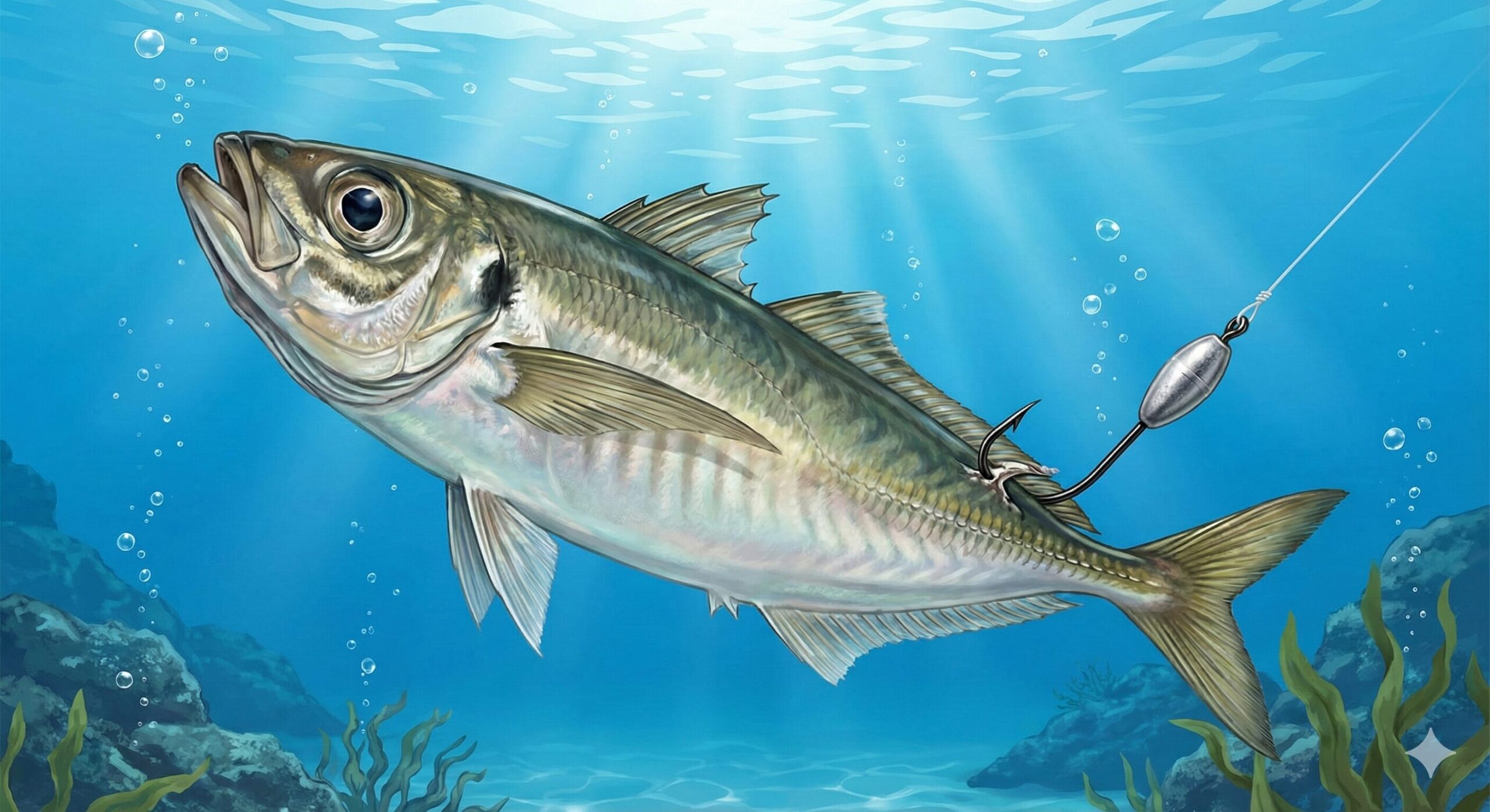 釣太郎オリジナル、オモリ付きヤエン針を使えばアジの頭は浮き、アオリイカに痛烈にアピールする。