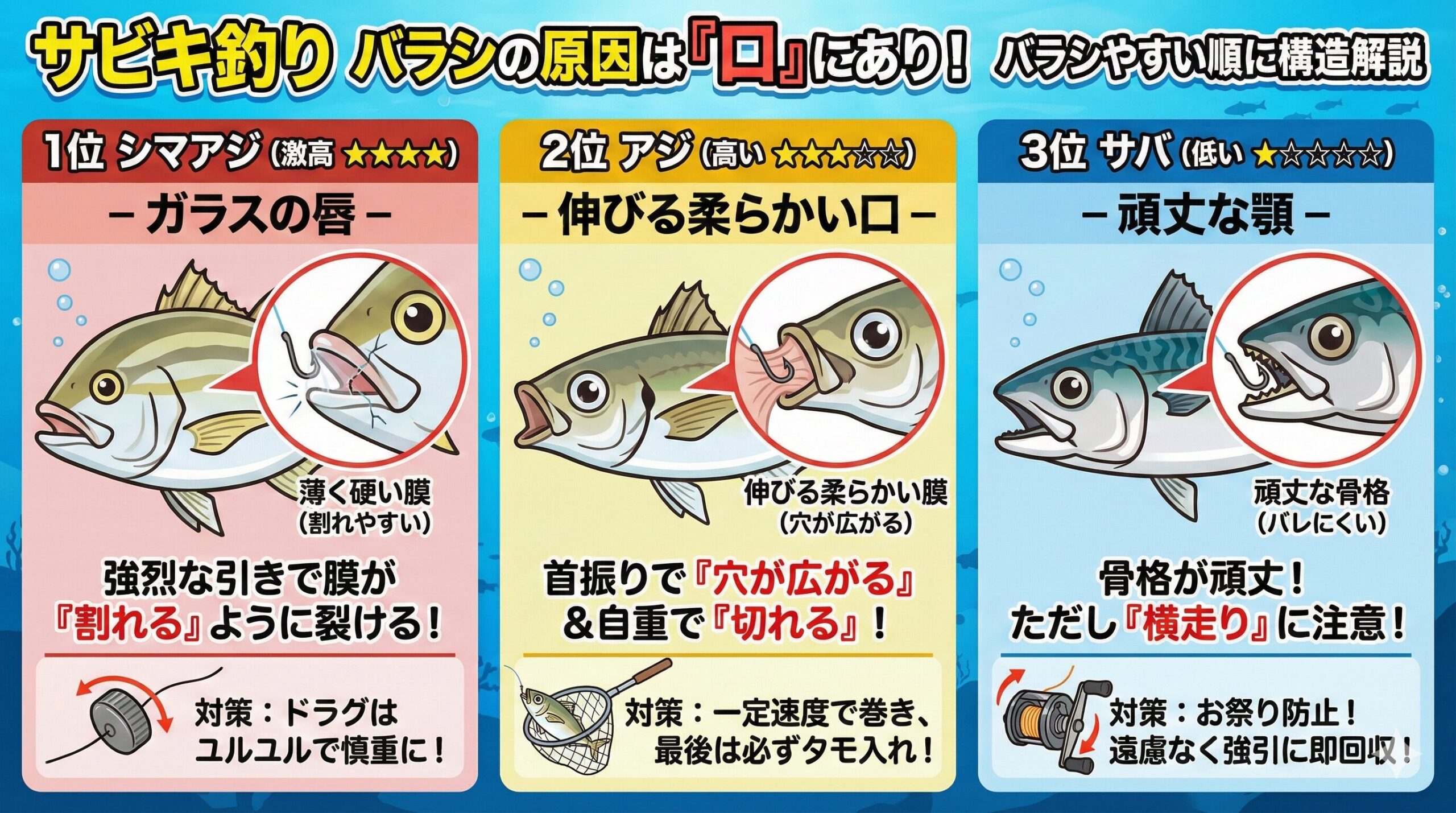 シマアジ： パワーがあるのに口はガラスのように脆い。アジ： 吸い込むために口が伸びて柔らかい。サバ： 顎が頑丈でバレにくい。釣太郎