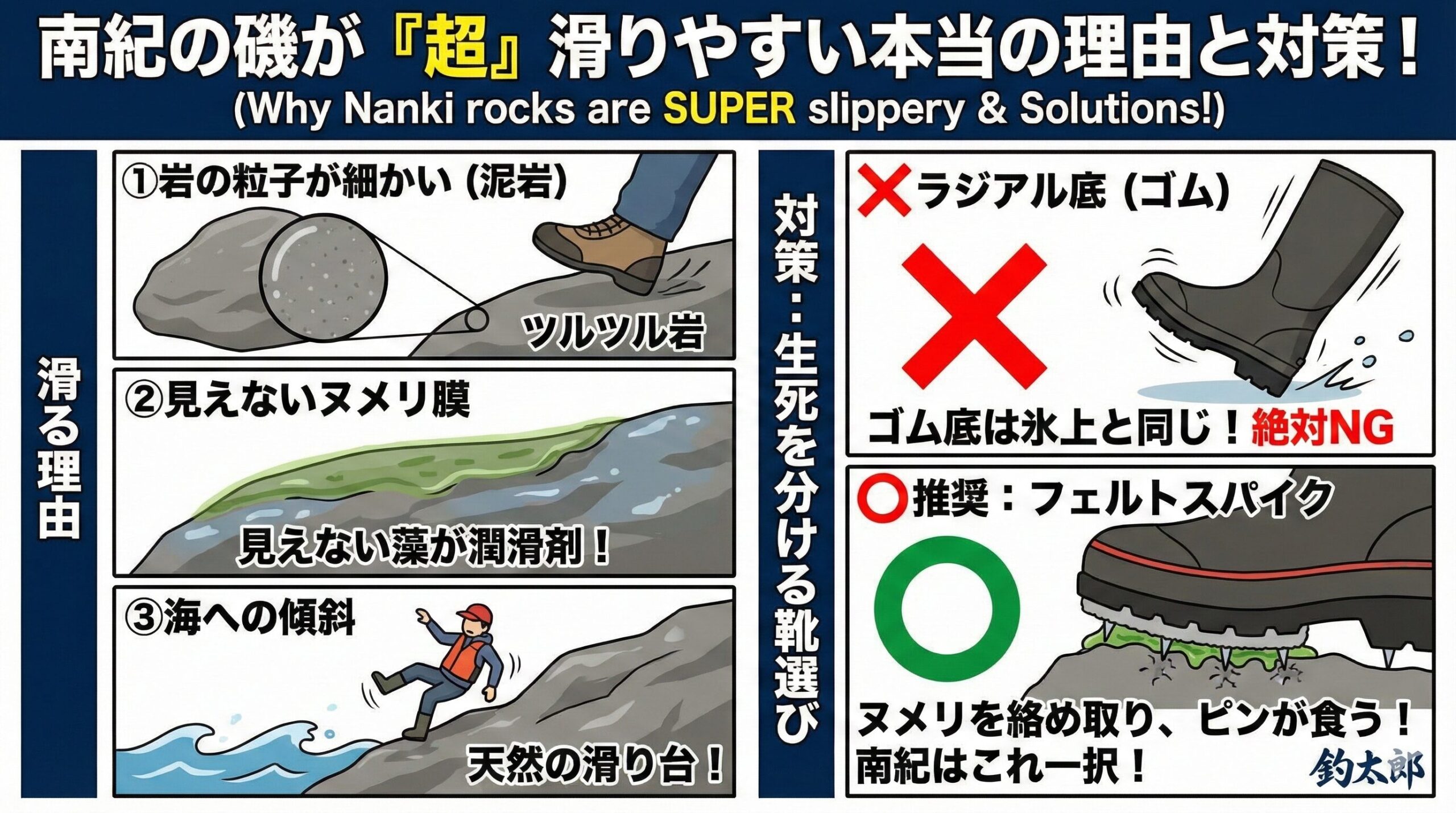 南紀の磯が滑りやすいのは、岩の粒子が細かくツルツルしているから。目に見えない藻の膜があるから。海に向かって傾斜しているから。釣太郎