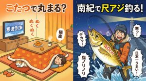 寒風吹きすさぶ堤防で、手がかじかむ中で釣り上げた黄金色のアジ。 家に帰ってそれを食べた時の感動は、こたつの中では絶対に味わえない体験。南紀の寒尺アジ釣り。釣太郎