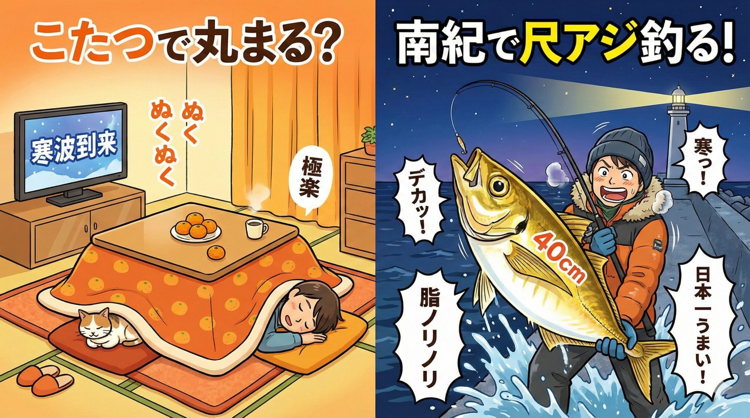 寒風吹きすさぶ堤防で、手がかじかむ中で釣り上げた黄金色のアジ。 家に帰ってそれを食べた時の感動は、こたつの中では絶対に味わえない体験。南紀の寒尺アジ釣り。釣太郎
