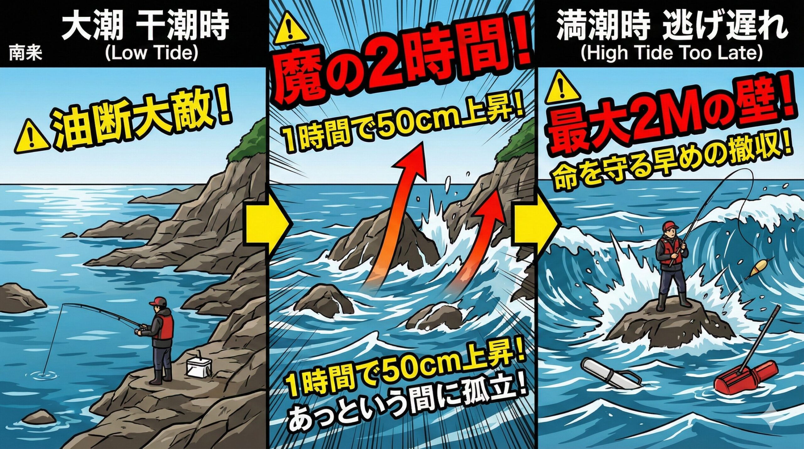 南紀では干潮と満潮の水位差が最大で約2メートルにも達することがあります。釣太郎