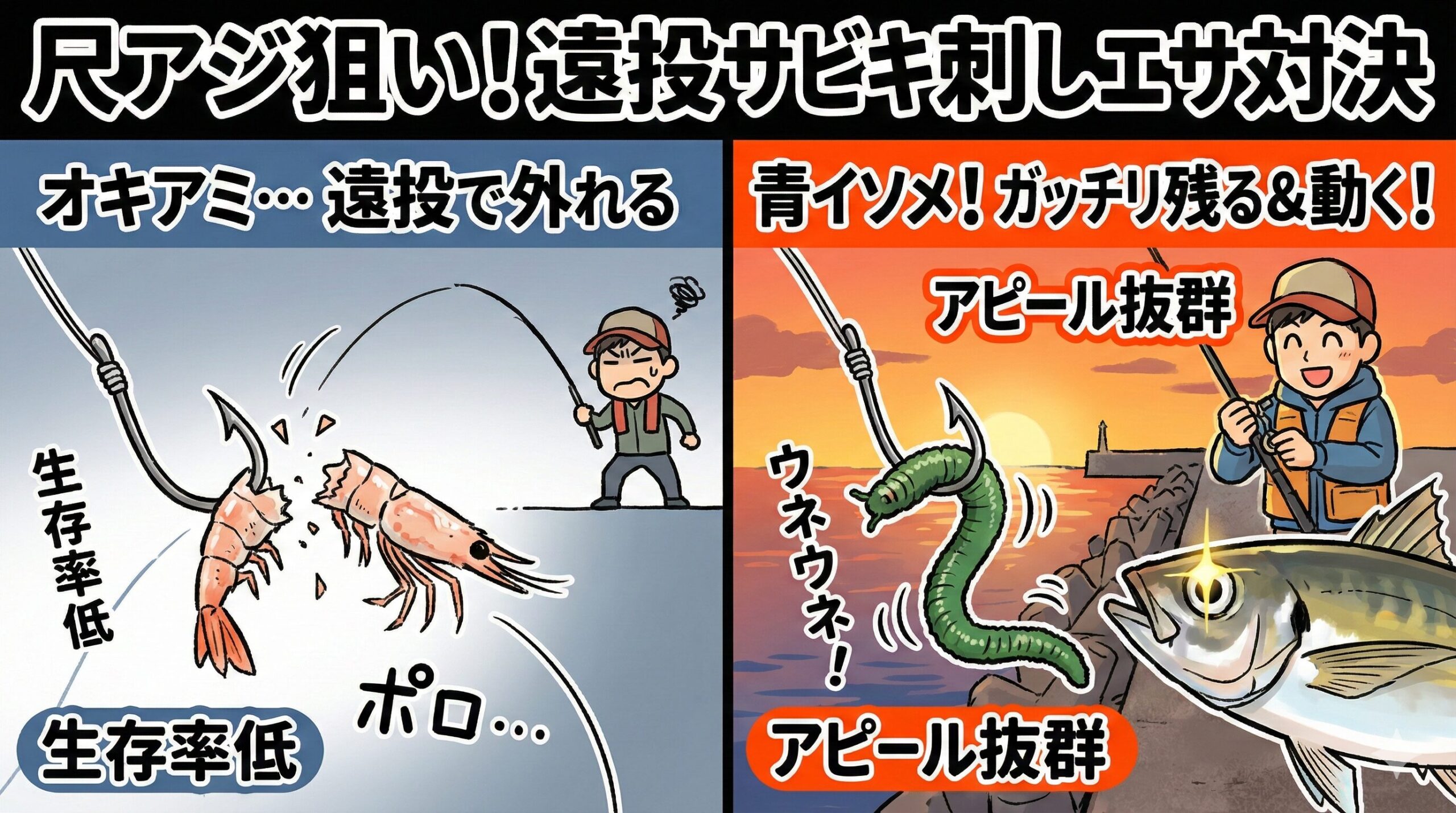 南紀の堤防で20m以上の遠投サビキを行うなら、メインの刺しエサは「青イソメ」釣太郎
