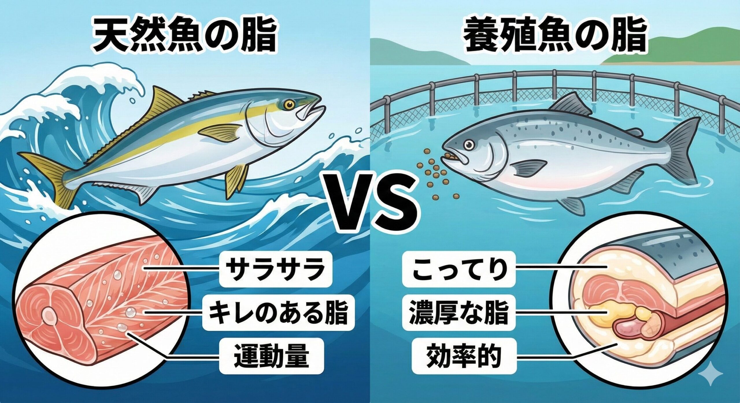 養殖魚と天然魚の脂の違い。天然の脂は融点が低く、口どけが良くてサッパリしている。 身は運動量によって引き締まり、脂とのバランスが絶妙。釣太郎