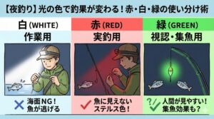 ヘッドライトを選ぶ際は「赤色LEDモード」が搭載されているかが非常に重要。海面を覗き込む時は赤。ウキを見つめる時は緑。安全に帰る時は白。釣太郎