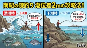 南紀の磯は、半日で景色が一変します。 潮位差2m」は、見方を変えれば「2m分、攻略の引き出しが増える」ということ。釣太郎