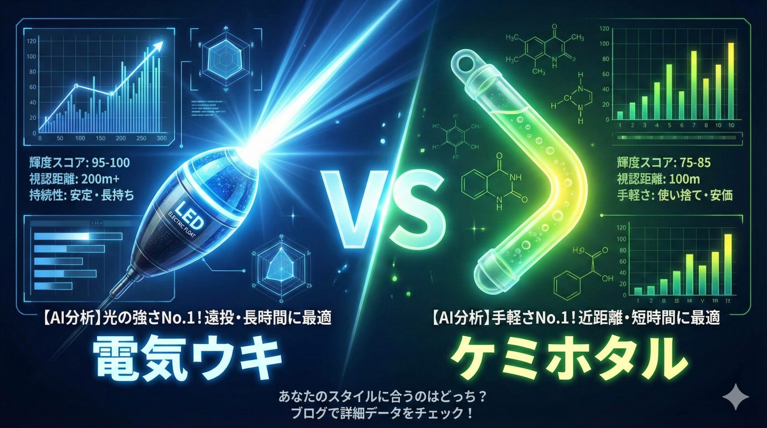ケミホタルは手軽で扱いやすく、近距離での視認性に優れる。電気ウキは高光量・長距離視認に優れ、釣果アップに直結。夜釣り入門。釣太郎