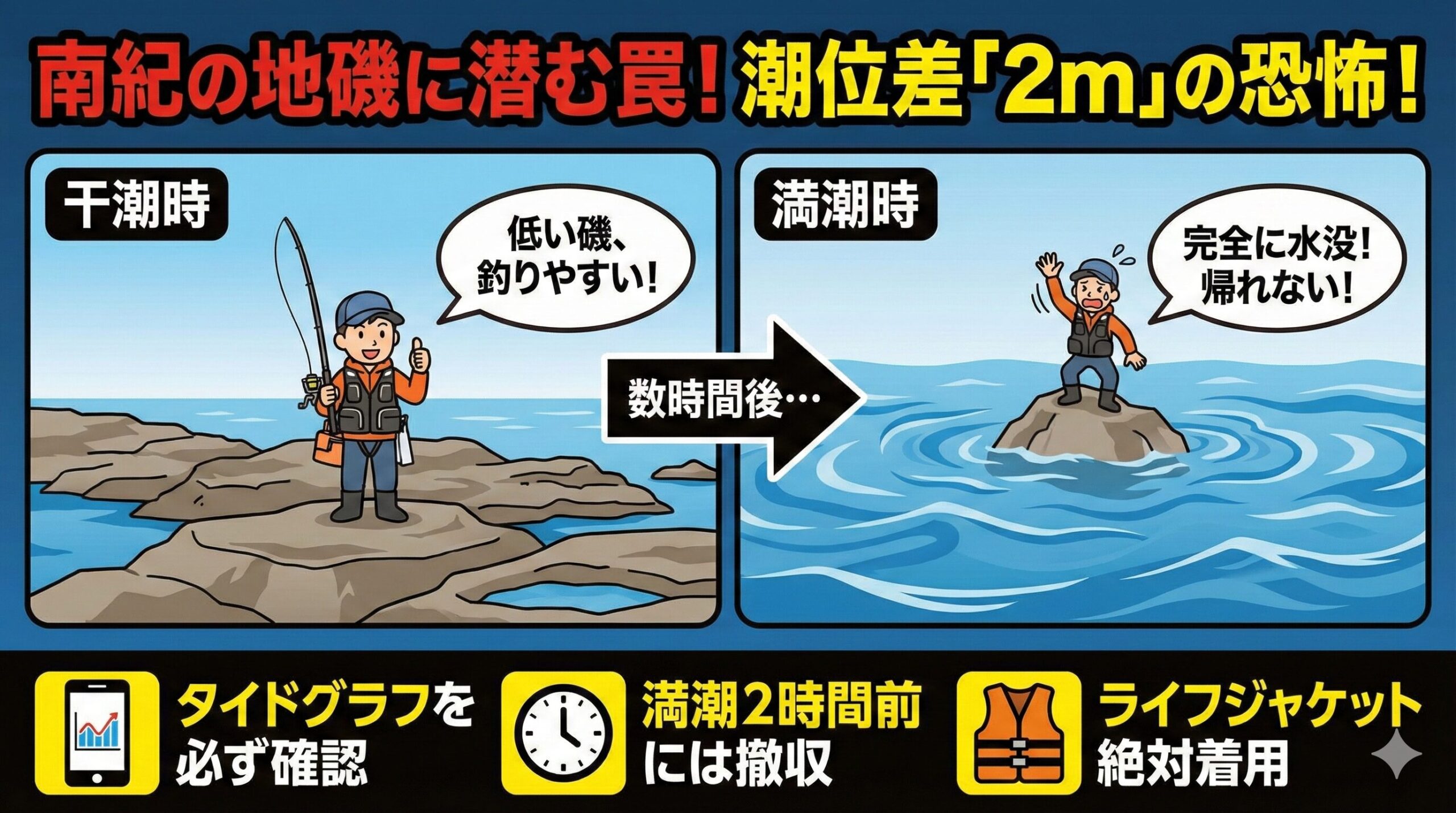 南紀の干満差は季節や月齢で変わりますが、最大で約2m。 2mの水位変化は、釣り場の景色をまったく別物に変えてしまいます。釣太郎