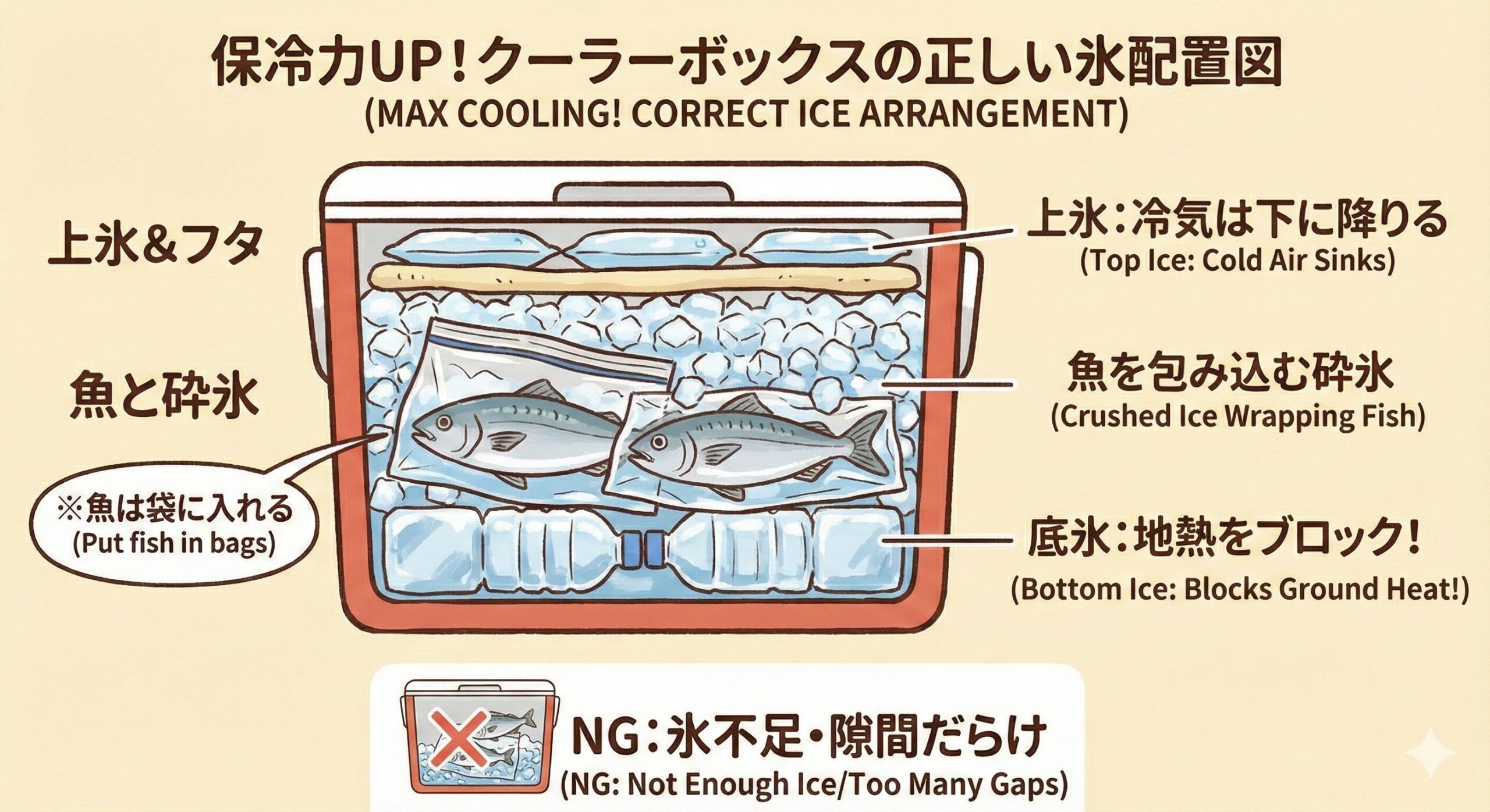 釣った魚を美味しく食べるためには、冷却がすべての始まりです。 初心者でも、以下のポイントを守れば安心です。氷は上下左右に配置 。魚はビニール袋に包む。タオルや新聞紙でドリップ対策。釣太郎