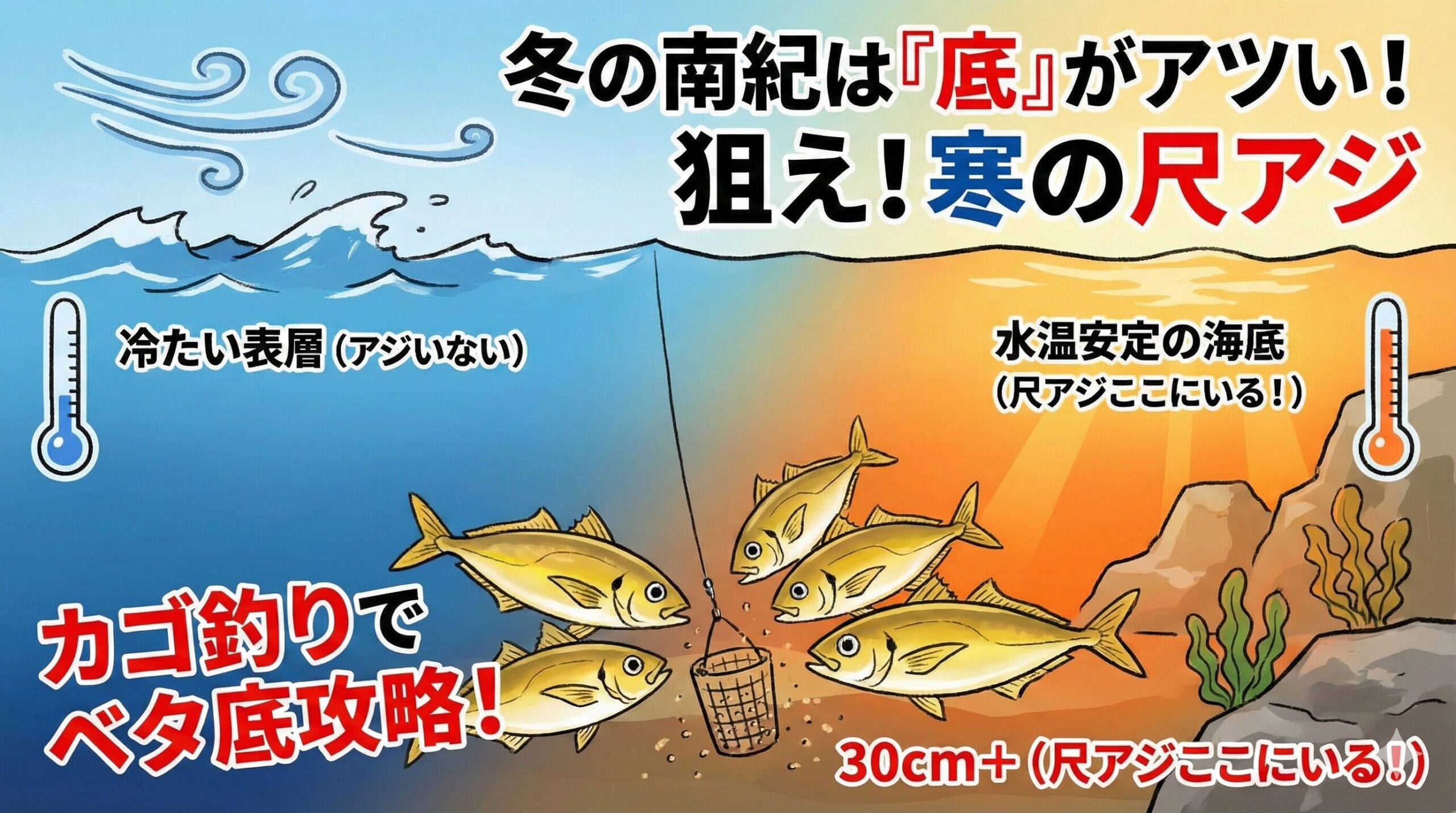 冬の南紀で尺アジを釣りポイント。水温安定: アジは暖かい底に張り付いている。狙いはベタ底: 底から1m以内を徹底的に攻める。場所選び: 南紀の水深がある堤防を選ぶ。釣太郎