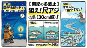 南紀の尺アジはこれからが本番。人が少ない深夜・未明の時間帯を狙う。根掛かりを恐れず、海底付近（ベタ底）を攻める。マキエを絶やさず、群れを足止めする。釣太郎