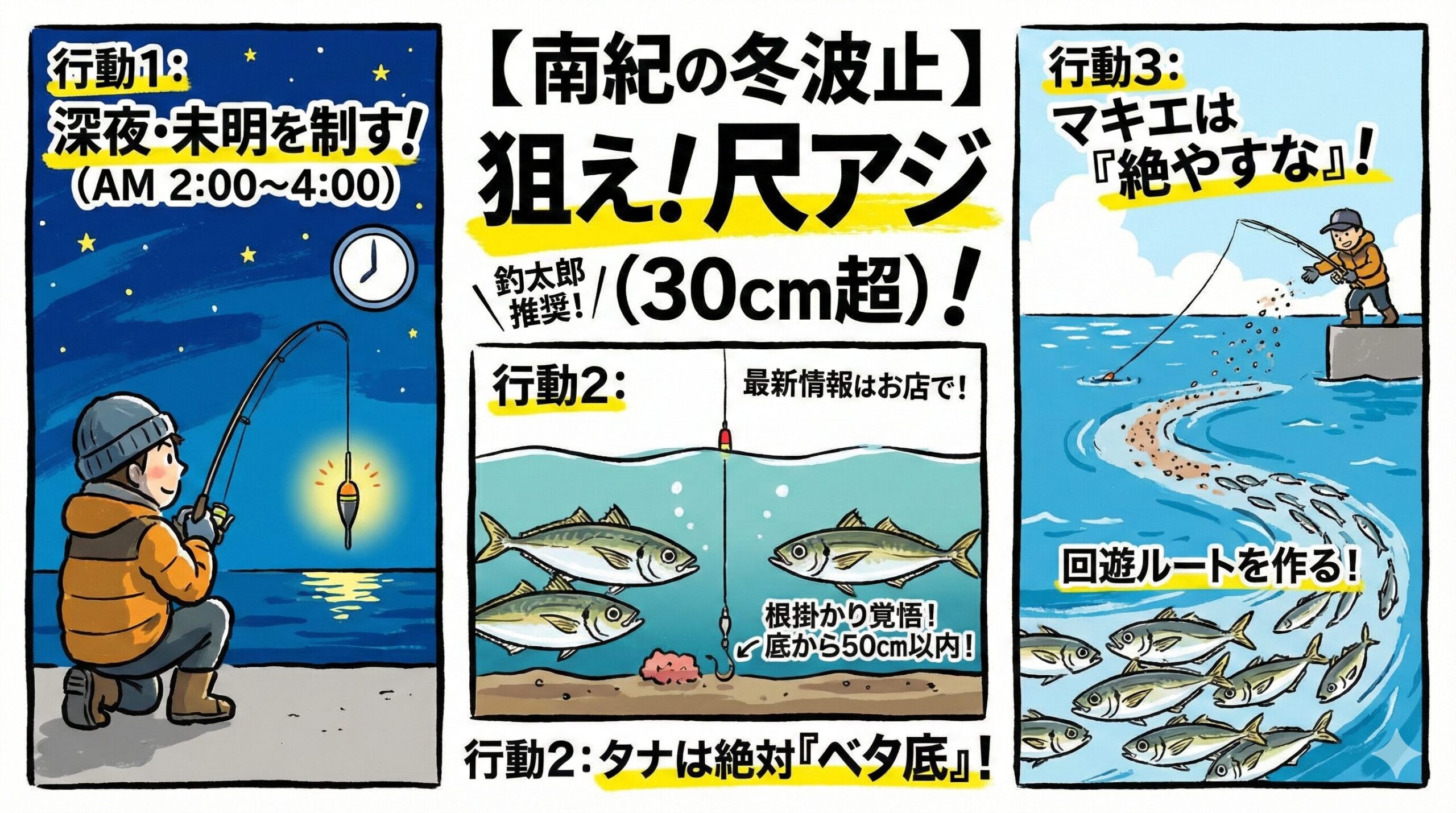 南紀の尺アジはこれからが本番。人が少ない深夜・未明の時間帯を狙う。根掛かりを恐れず、海底付近（ベタ底）を攻める。マキエを絶やさず、群れを足止めする。釣太郎
