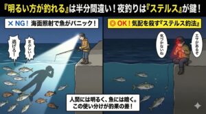夜釣りの面白さは、暗闇の中で魚との知恵比べができることです。 人間には快適な明るさを（高性能ライトで） 魚には気配を感じさせない闇を（使い方のマナーで）釣太郎