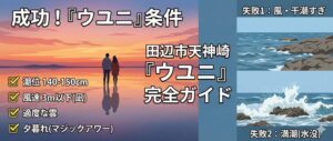 田辺市天神崎でウユニ塩湖のような写真を撮るなら、潮位： 140cm～150cm前後を狙う風： ほぼ無風（風速3m以下）の日を選ぶ、時間： 夕暮れ時と重なればベスト。場所： 平らな岩場に水たまりができている箇所を探す.釣太郎
