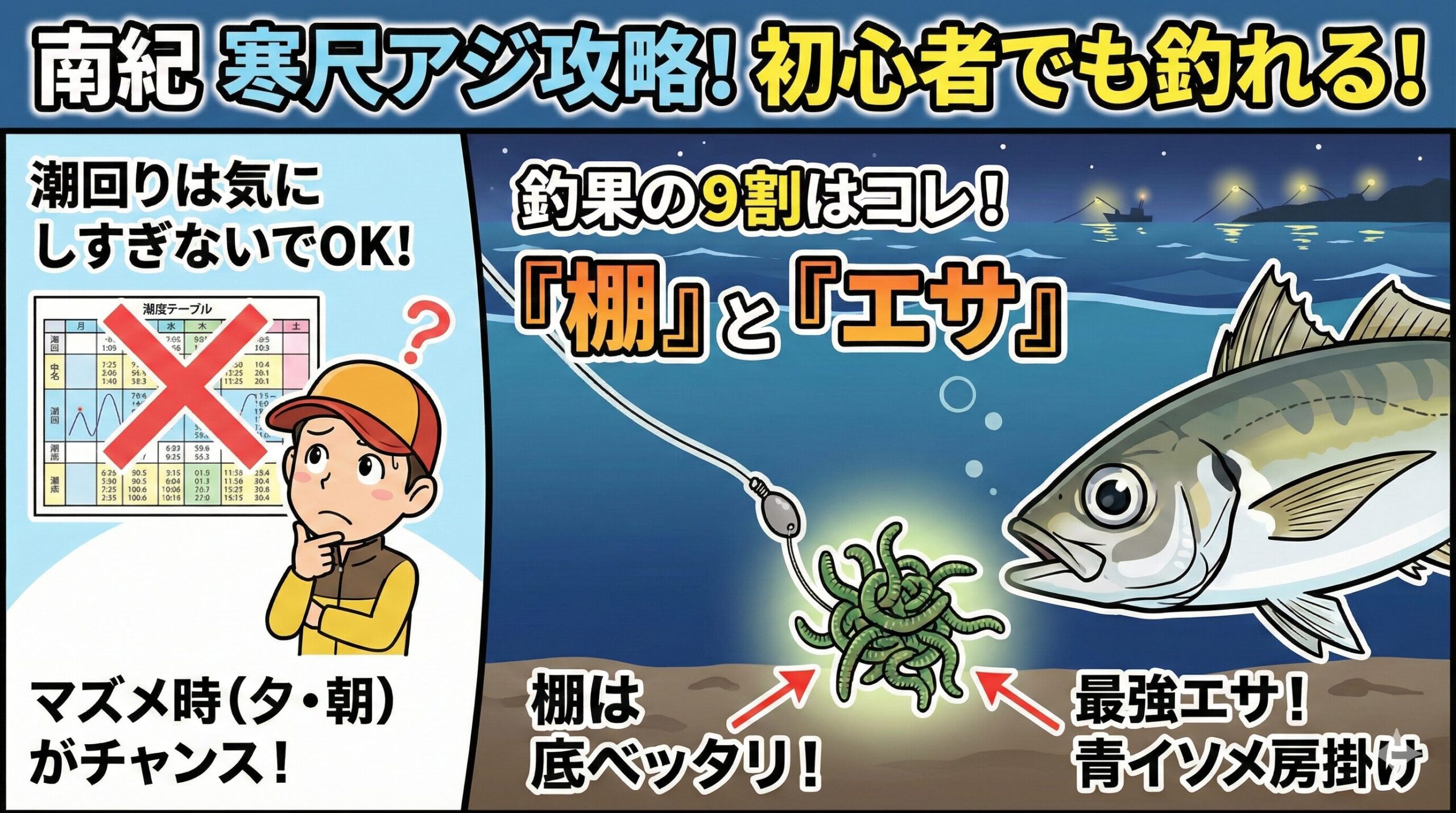 南紀の寒尺アジは、グレやイカほど潮の機嫌を伺う必要はありません。 「底のタナ」を正確に取り、「元気な青イソメ」を投入するだけ。釣太郎