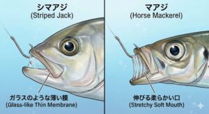 シマアジはパワーで口を破壊し、アジは首振りで針を振りほどく.釣太郎