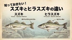 見た目は似ているが、生態・体型・味・価格がまったく違う。ヒラスズキは“磯の王者”、スズキは“湾の定番” 食味はヒラスズキが圧倒的に上。価格も高い。釣太郎