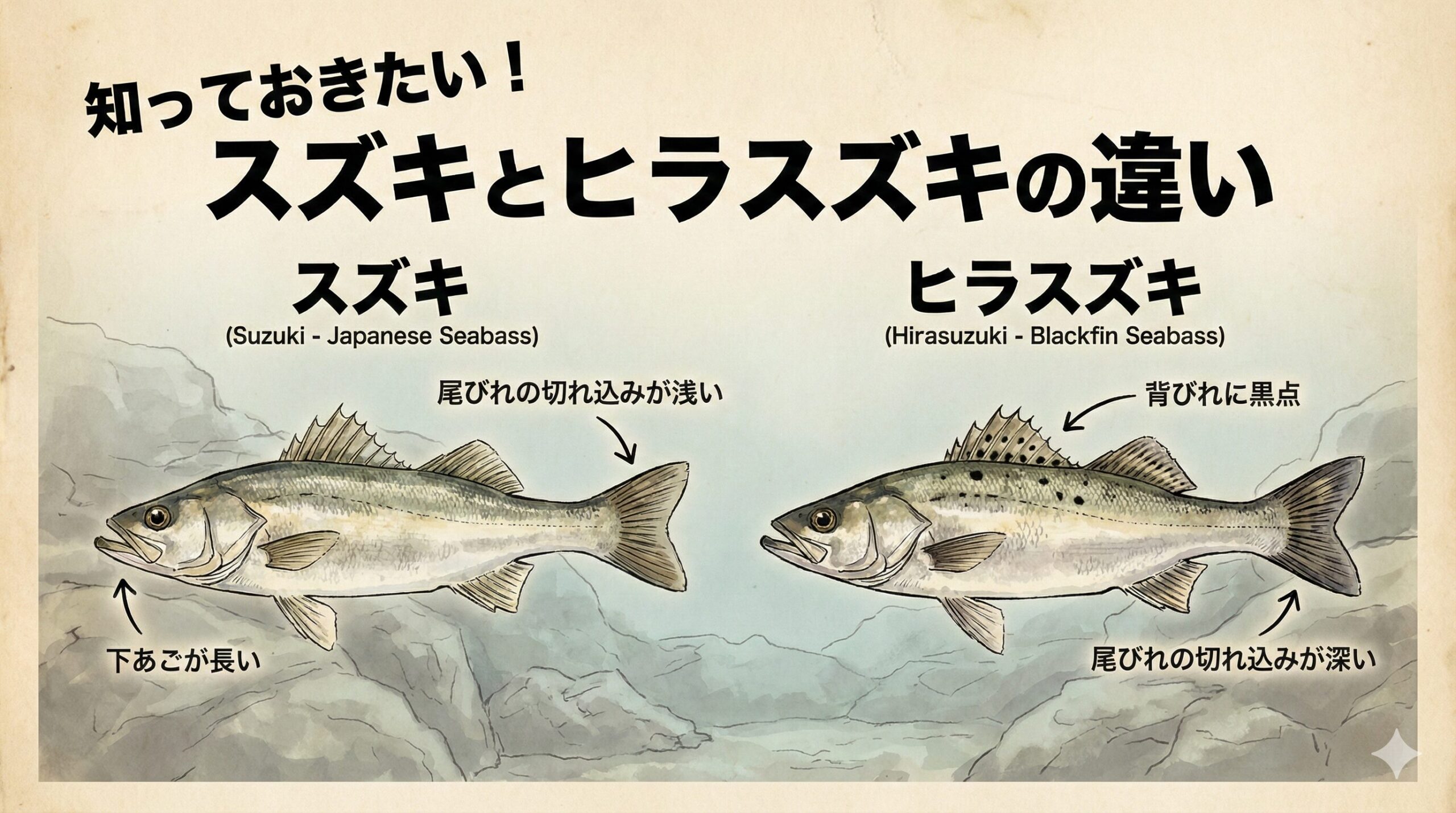 見た目は似ているが、生態・体型・味・価格がまったく違う。ヒラスズキは“磯の王者”、スズキは“湾の定番” 食味はヒラスズキが圧倒的に上。価格も高い。釣太郎