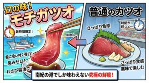 モチガツオの正体：死後硬直前の超新鮮な本ガツオ。味の違い：臭みがなく、お餅のように歯に吸い付く弾力がある。釣太郎