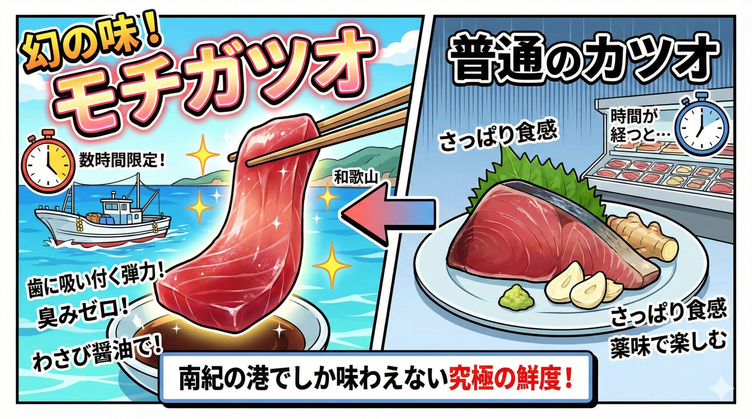 モチガツオの正体：死後硬直前の超新鮮な本ガツオ。味の違い：臭みがなく、お餅のように歯に吸い付く弾力がある。釣太郎